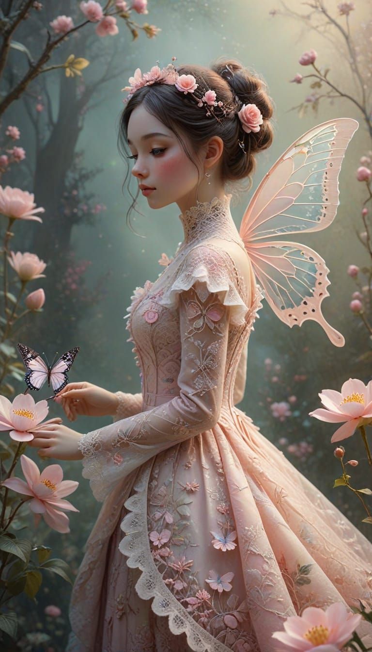 Whimsical Butterfly Girl in Delicate Botanical Art
