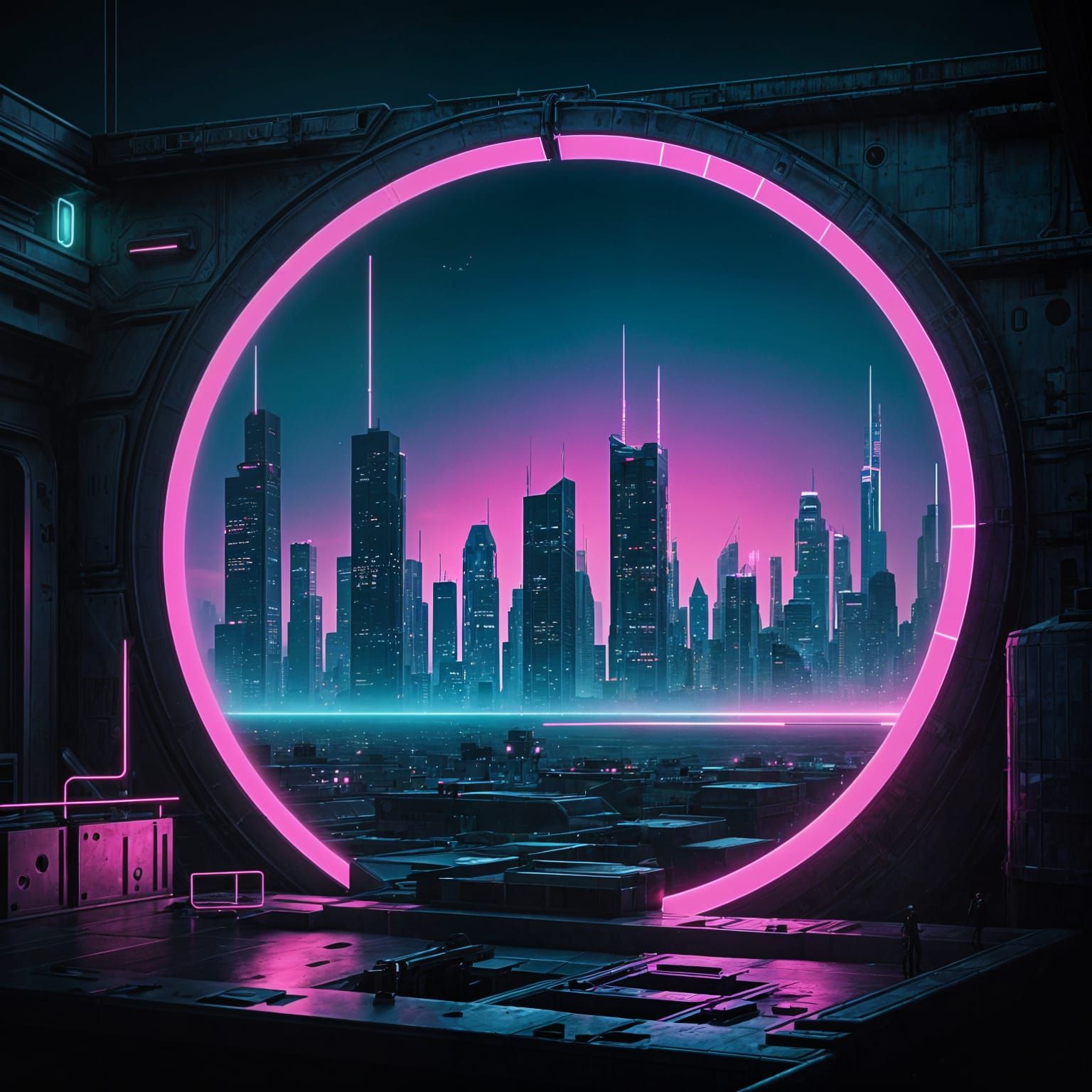 Neon Duality in a Futuristic Cityscape
