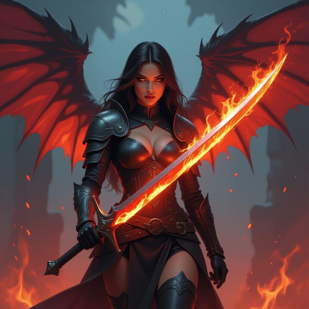 Fiery Half-Angel Demon Warrior in Dark Fantasy Art