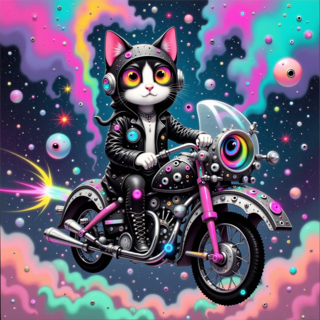 Cosmic Kitty Piloting Spaceship in Celestialpunk Style