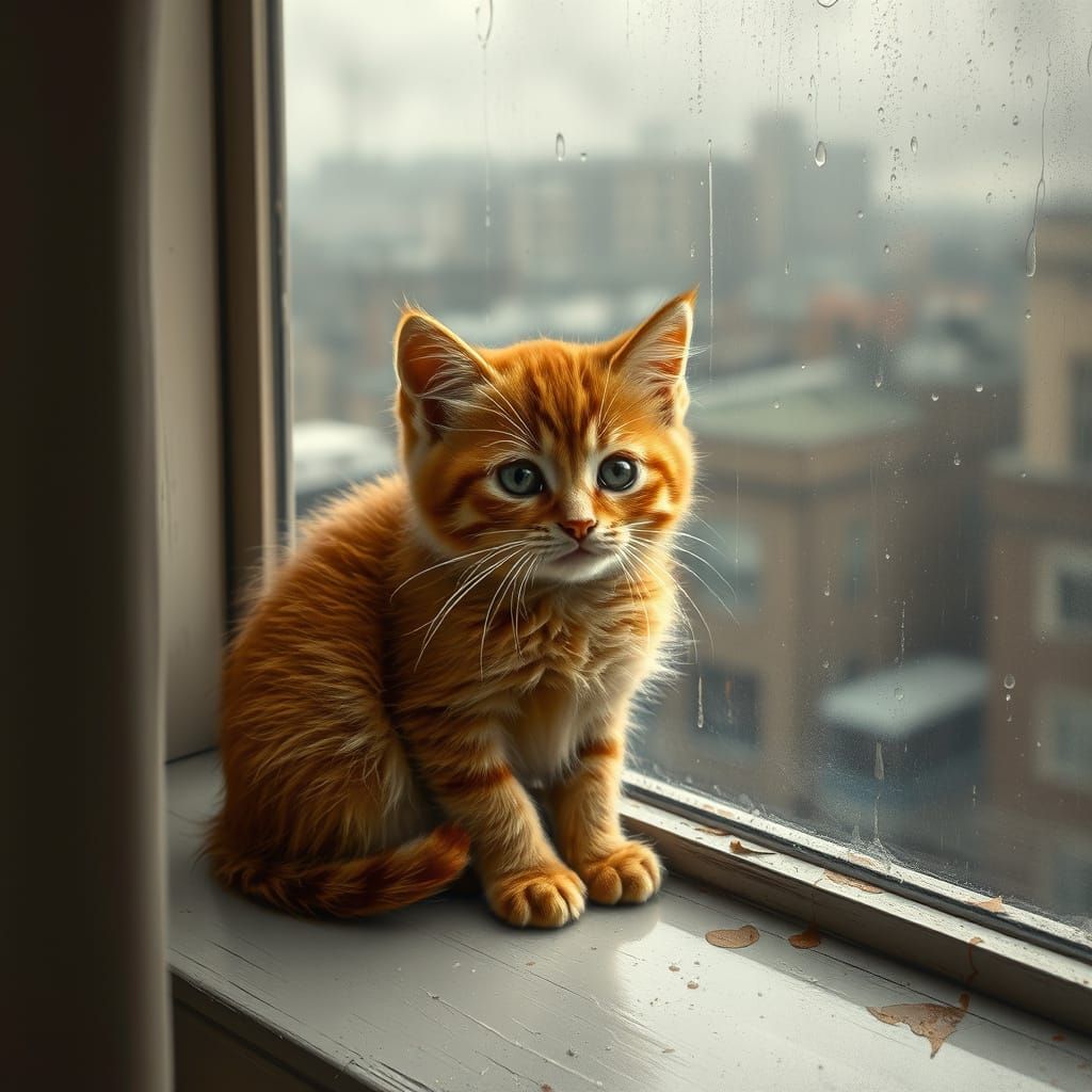Ginger Kitten Gazing at Rain-Soaked Cityscape