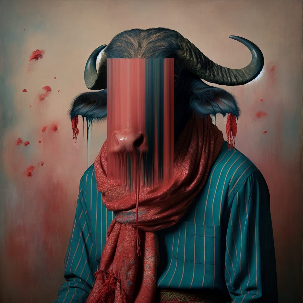 Surreal Buffalo-Headed Figure in Dreamlike Setting