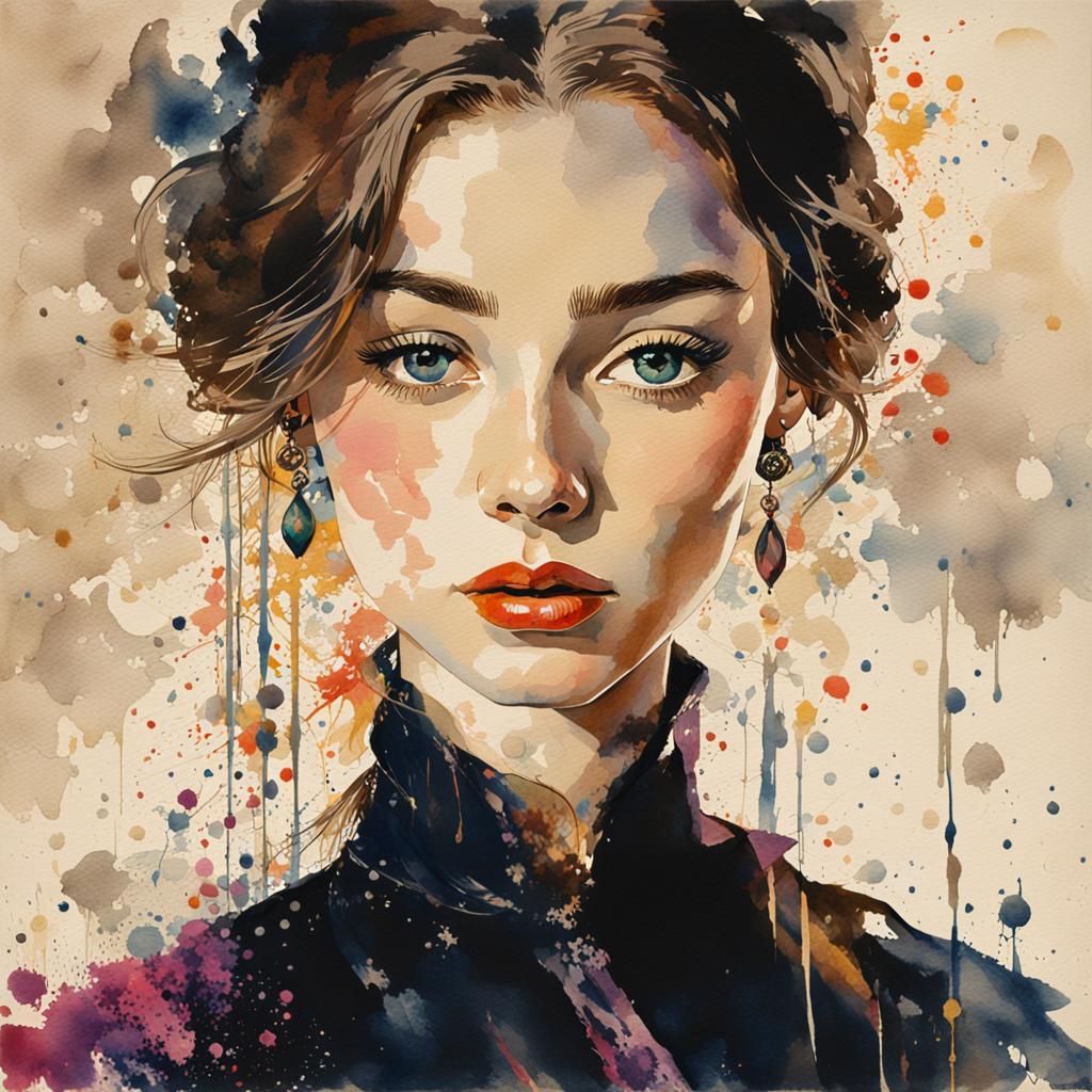 Elegant 1960s Woman in Vibrant Watercolor Portrait