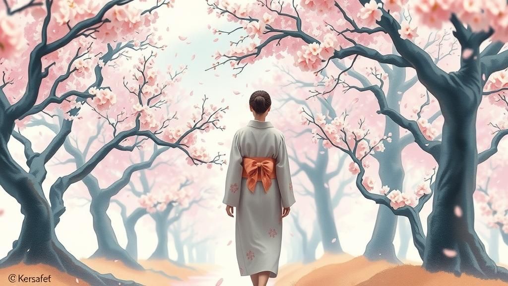 Sakura Dreamscape: Serene Figure in Billowy Kimono