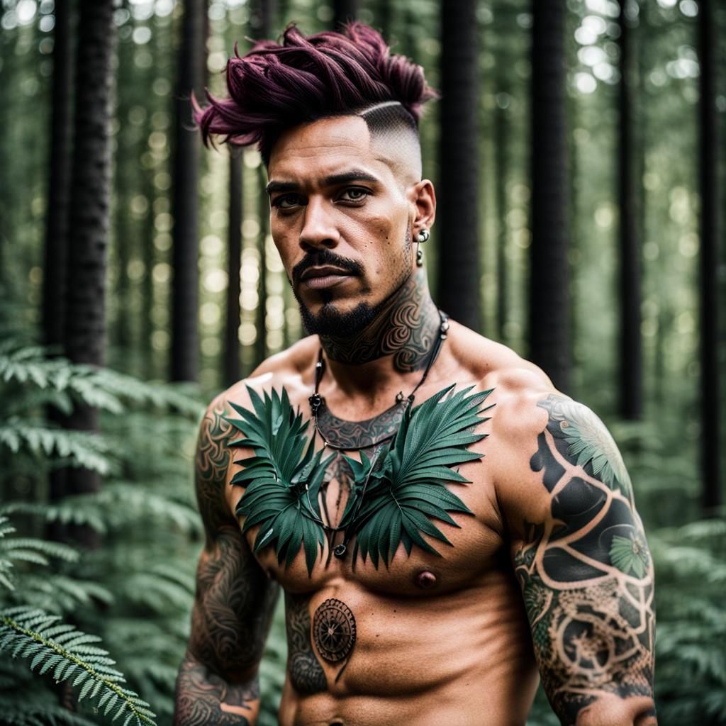 Tattooed Nonbinary Man in Forest