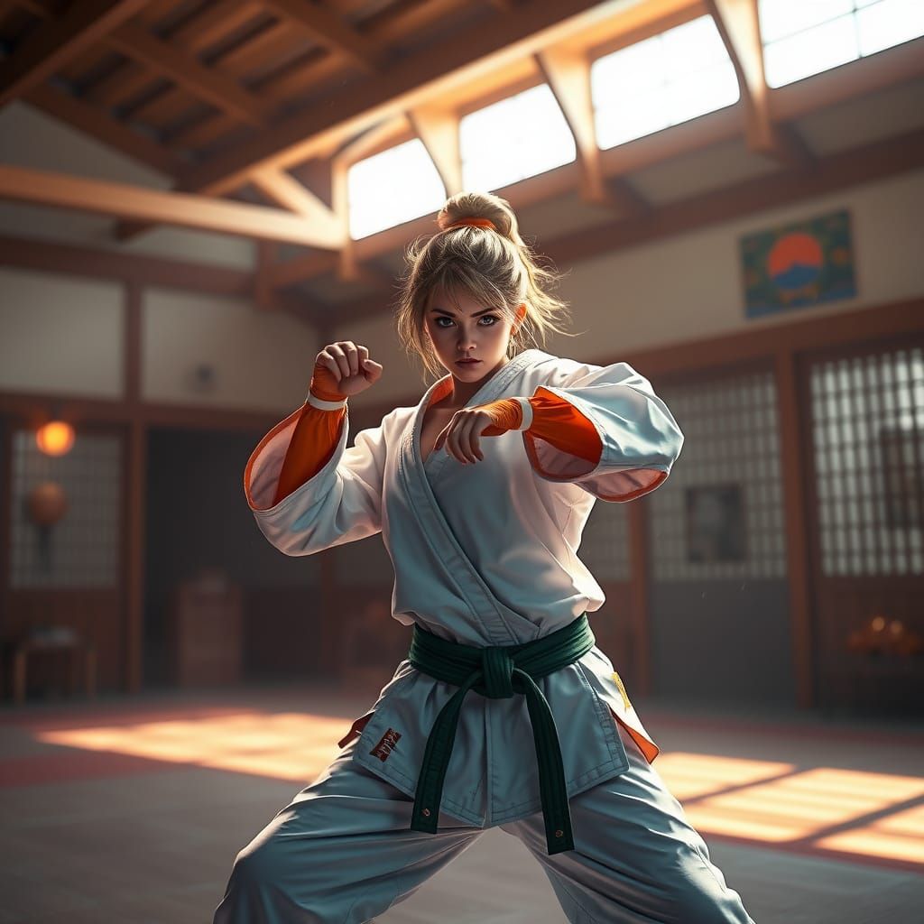 Karate Woman Poses in Dojo, Hyperdetailed Concept Art