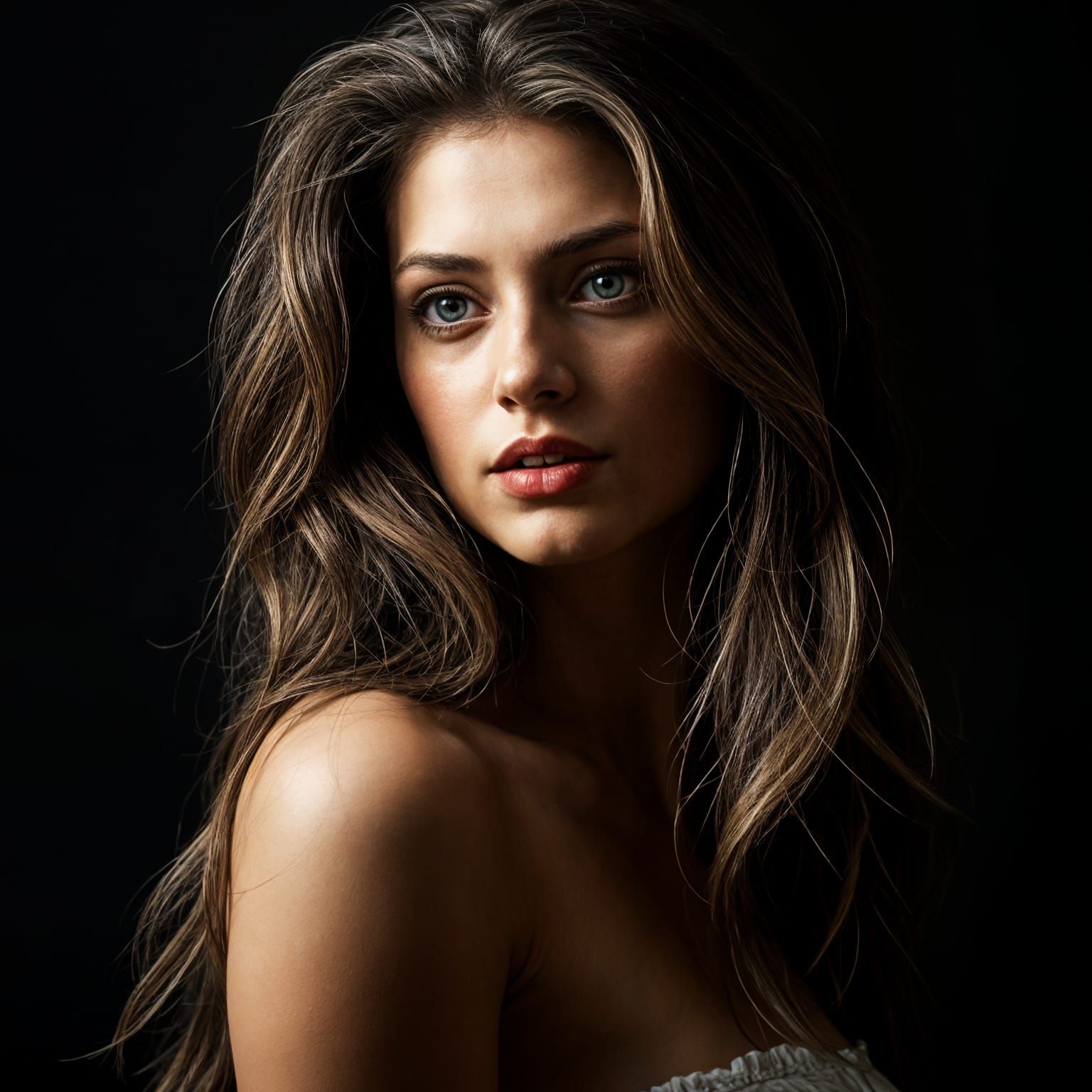 Detailed Portrait with Flowing Hair in Rembrandt Lighting