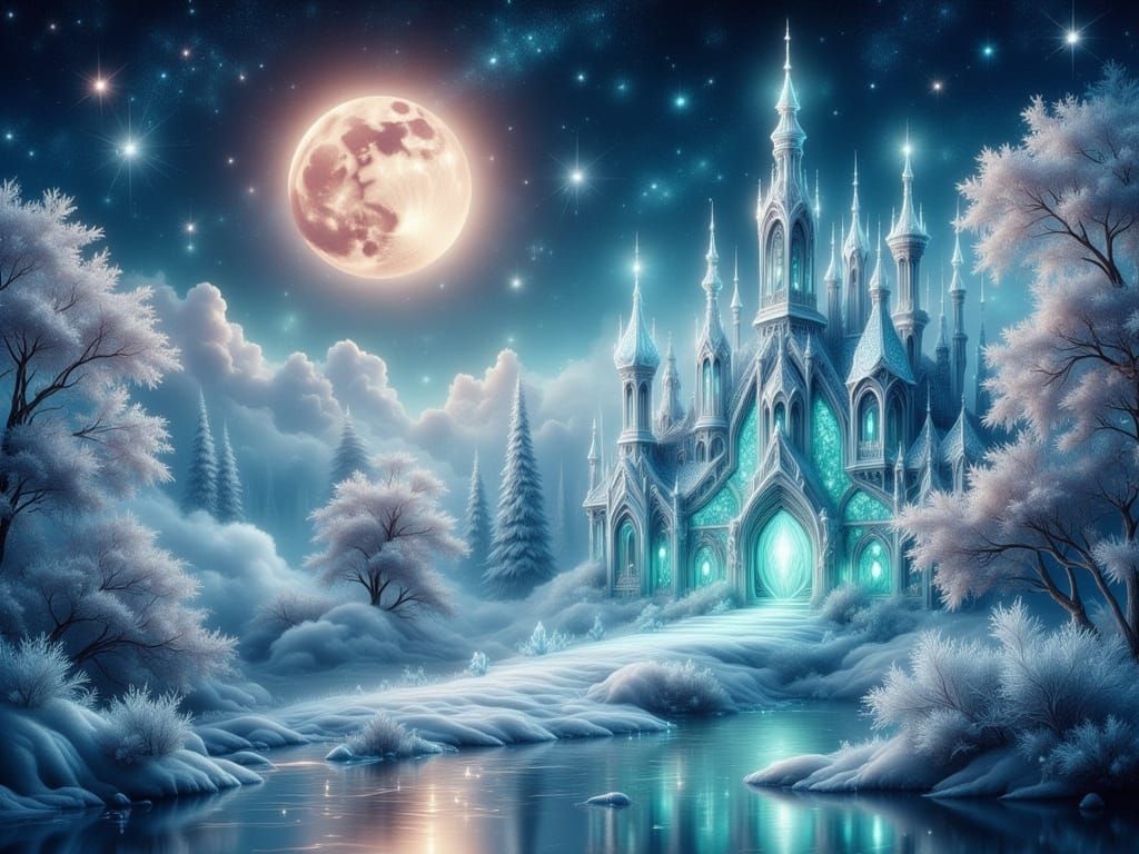 Surreal Crystal Palace under a Glowing Moon in Frosty Winter...