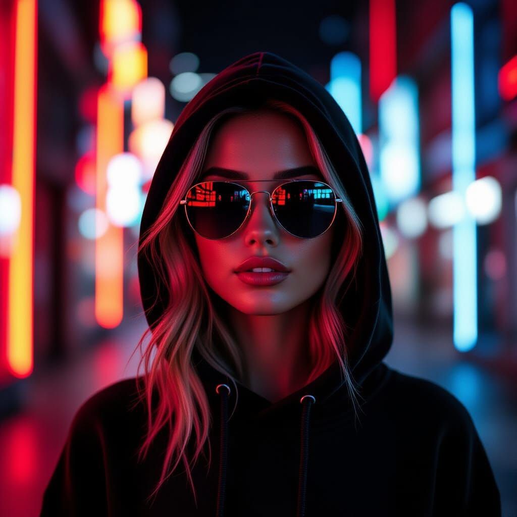 Neon Portrait of Woman in Sunglasses and Hoodie