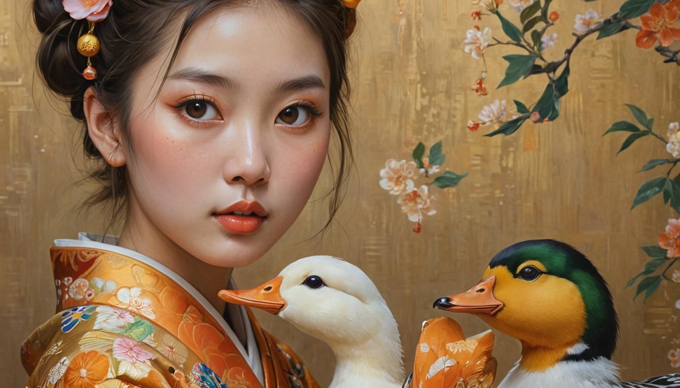 Japanese Girl and Duck: Klimt-Inspired Digital Art