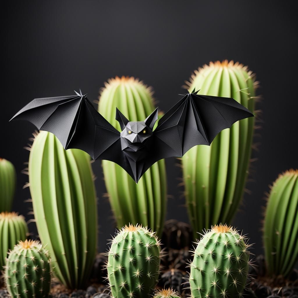 Origami Bat Soaring Over Desert Cactus