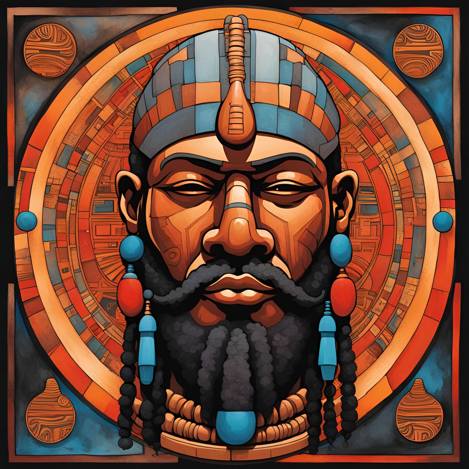 Olmec Pharaoh Fusion in Embroidery Art Style