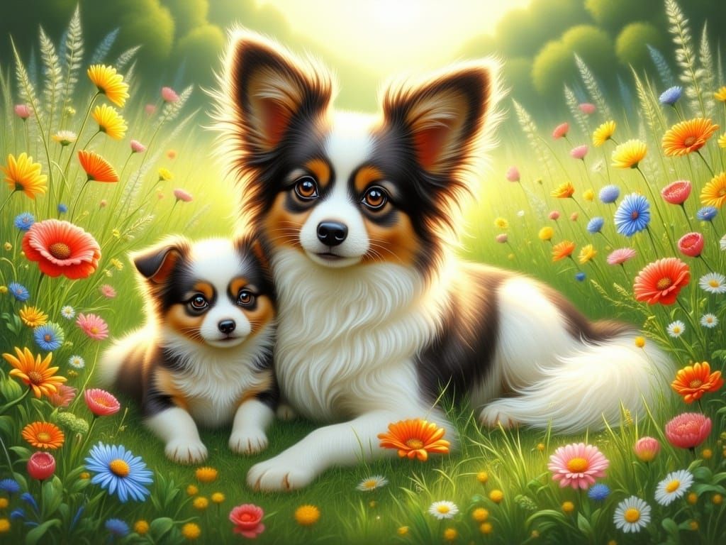 Delicate Papillon Mother and Pup in a Lush Green Meadow