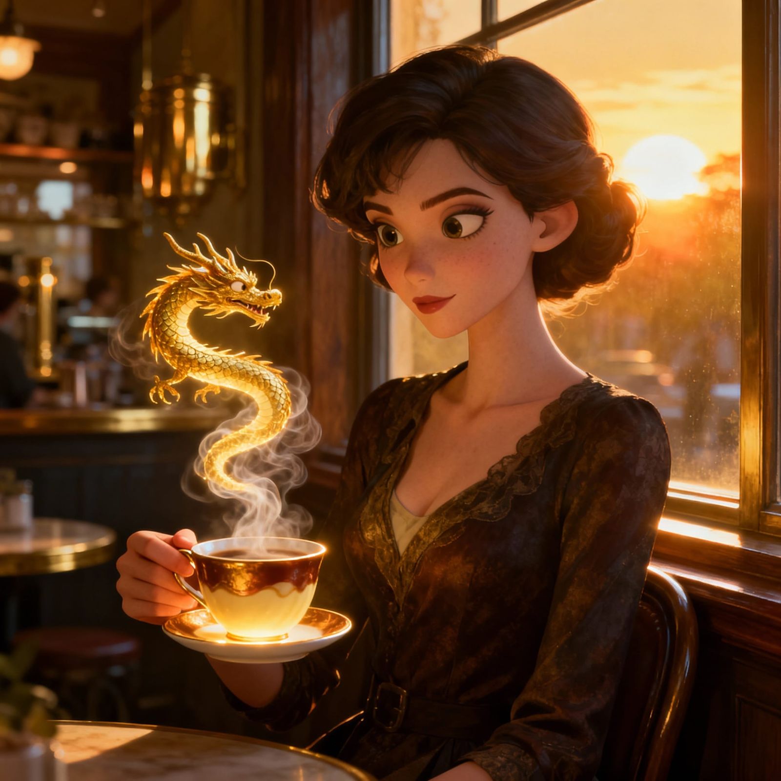 Elegant Woman With Vapor Dragon at Sunset