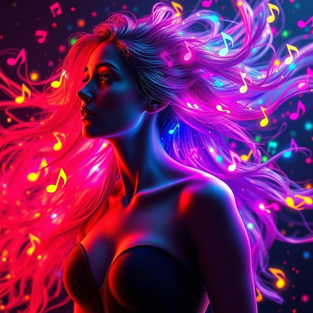 Musical Symphony: Woman with Flowing Notes in 3D