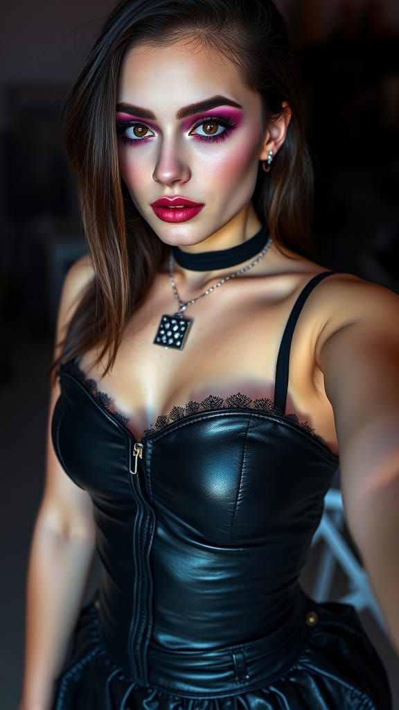 Goth Woman in Leather Skirt, Velvet Peach, Bold Makeup