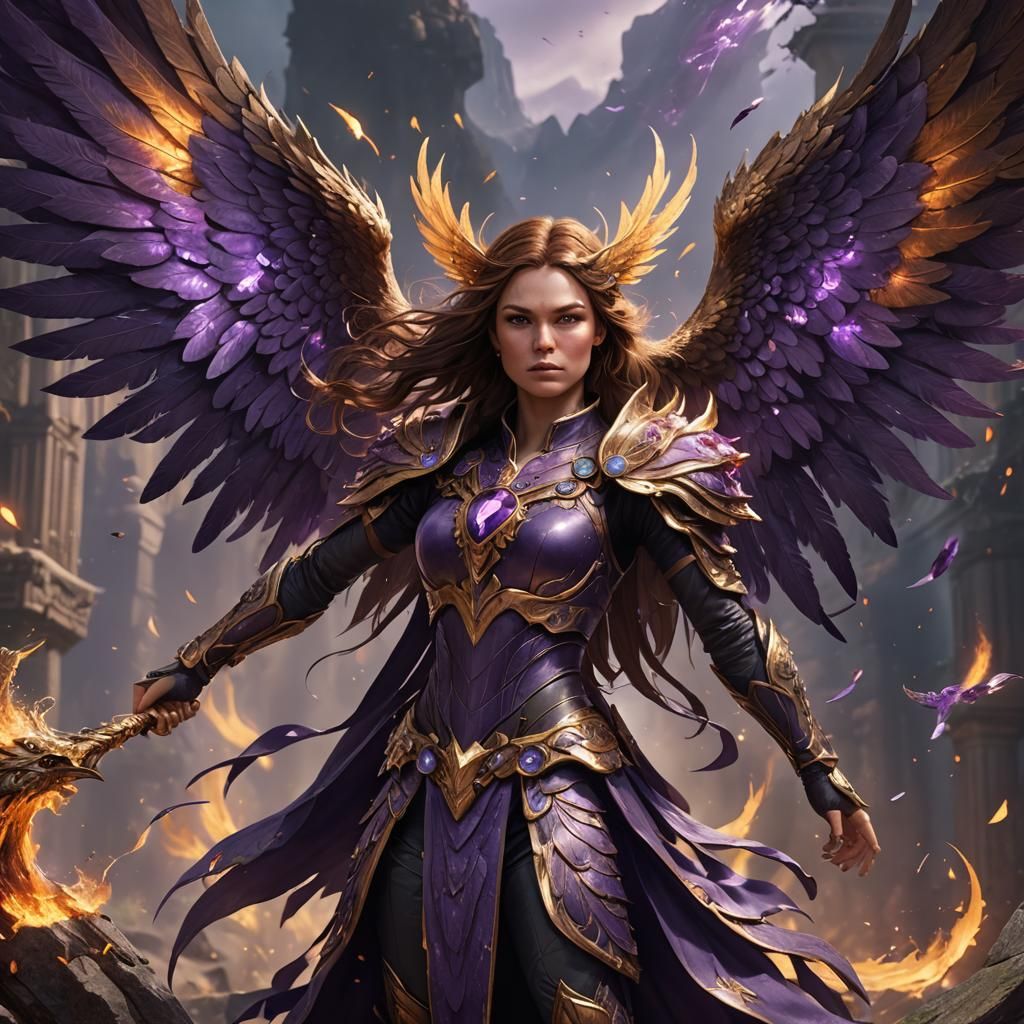Amethyst Queen with Phoenix Wings, Detailed Matte Painting
