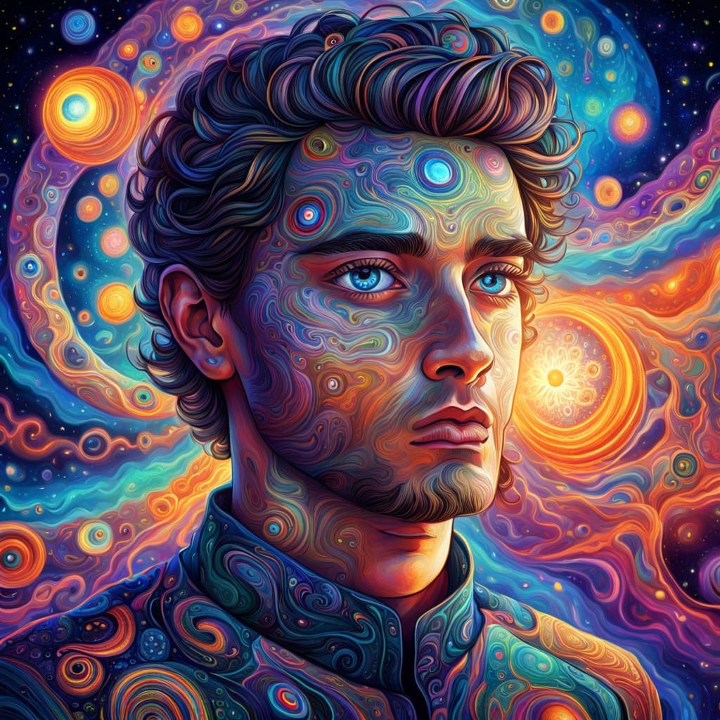 Cosmic Heterochromia Portrait in Mixed Media