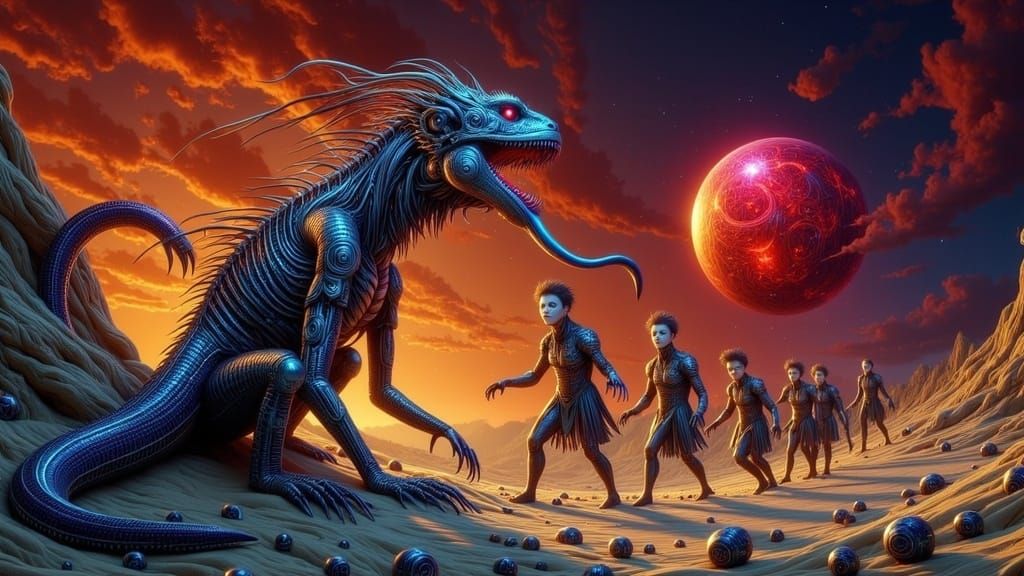 Mystical Lizard and Mimes in Surreal Desert