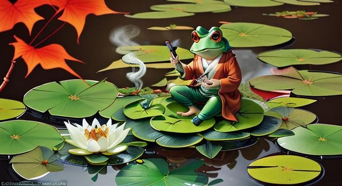 yokai smoking pipe along side of frog on lily pad lilies blooming fall red maple trees primordial swamp