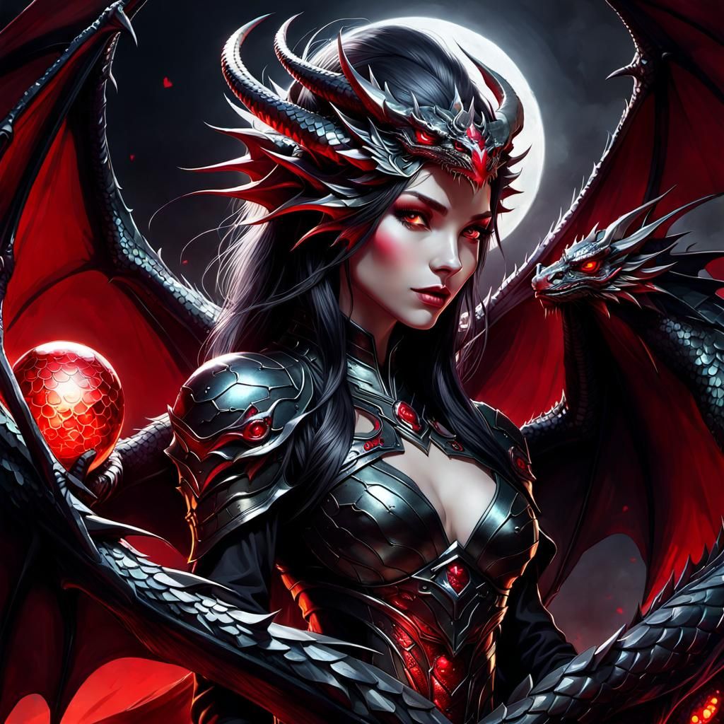 Metallic Dragon Mother Protecting Her Eggs, Digital Art