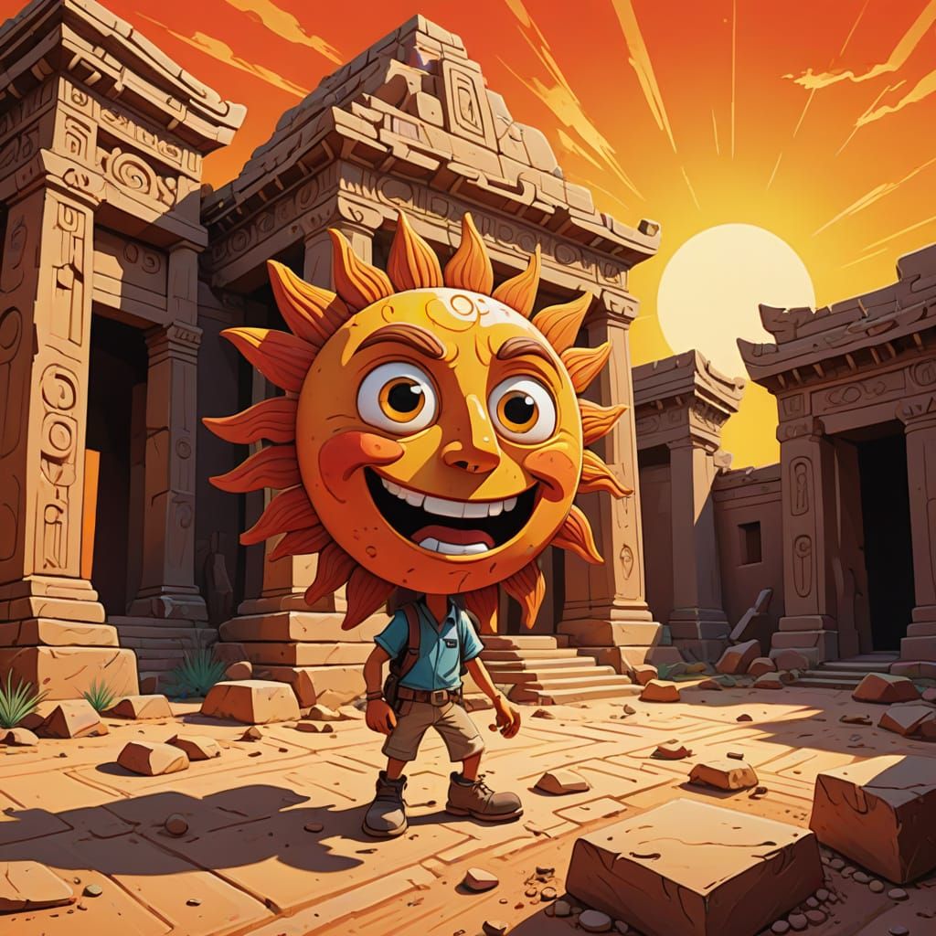 Cartoon Clay Sun Discovery at Ancient Temple