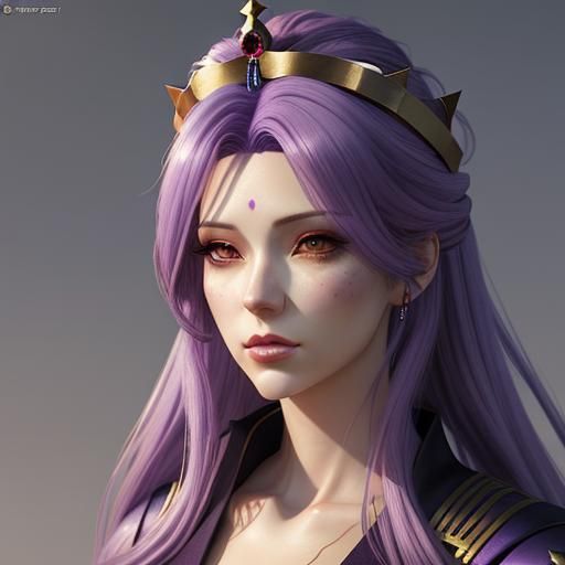 Purple-Haired Woman with Crown in Anime Style