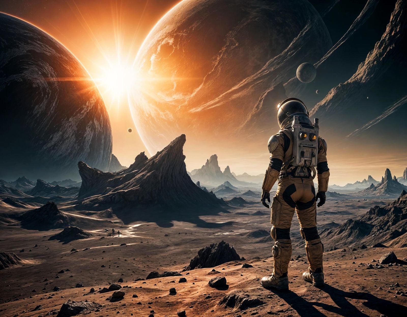 Astronaut on Alien Planet with Ringed Planet: Cinematic Stil...