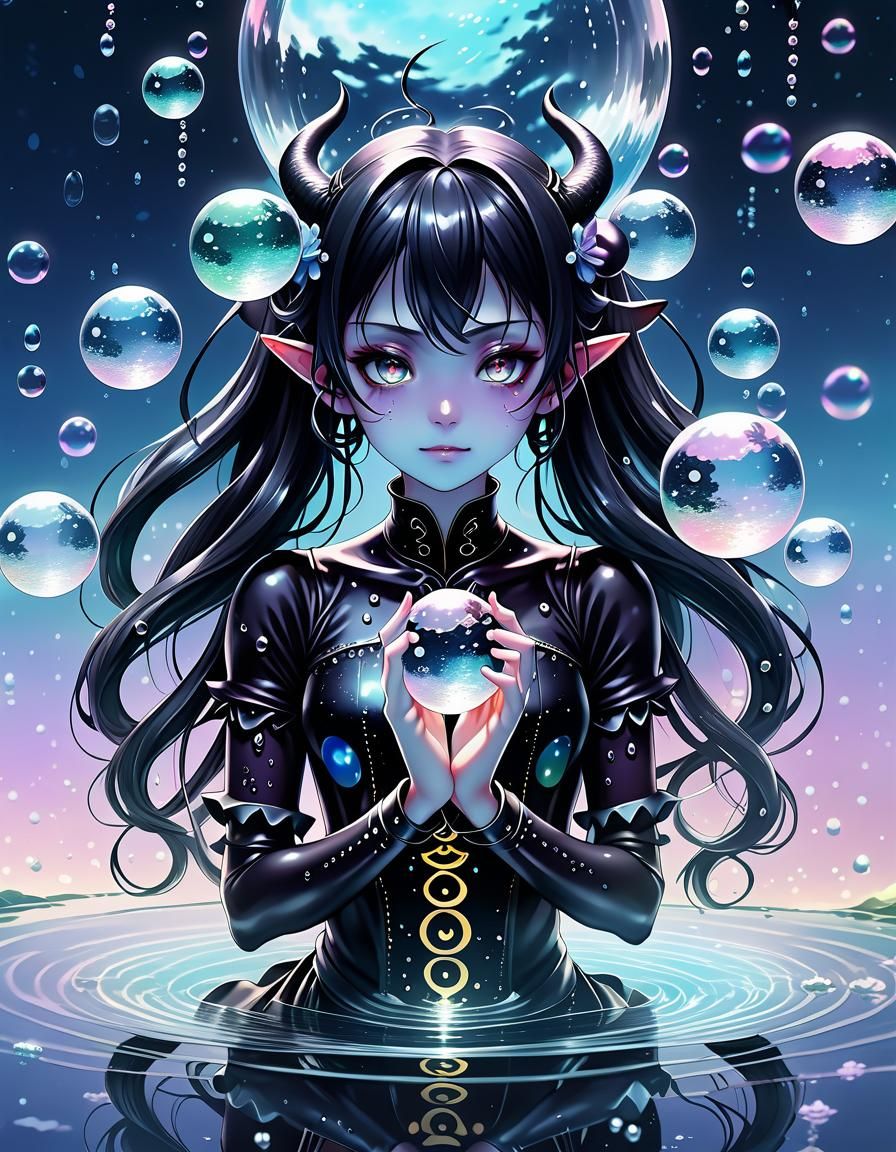 Meditative Demoness Surrounded by Glass Orbs, Anime Style
