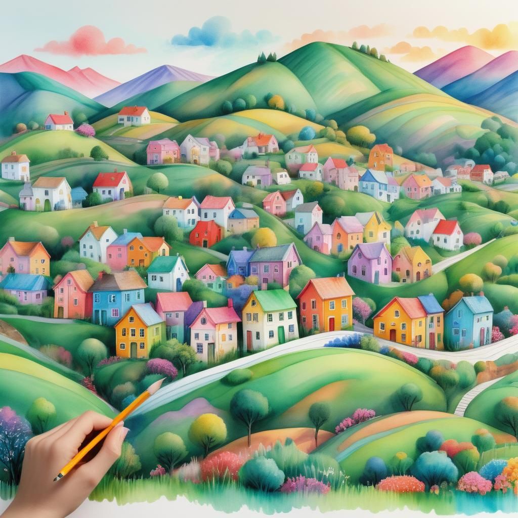Hand Drawing Colorful Houses on Hills
