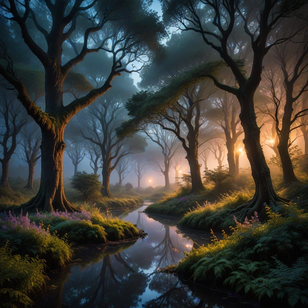 Whimsical Twilight Enchantment in a Magical Woodland Scene