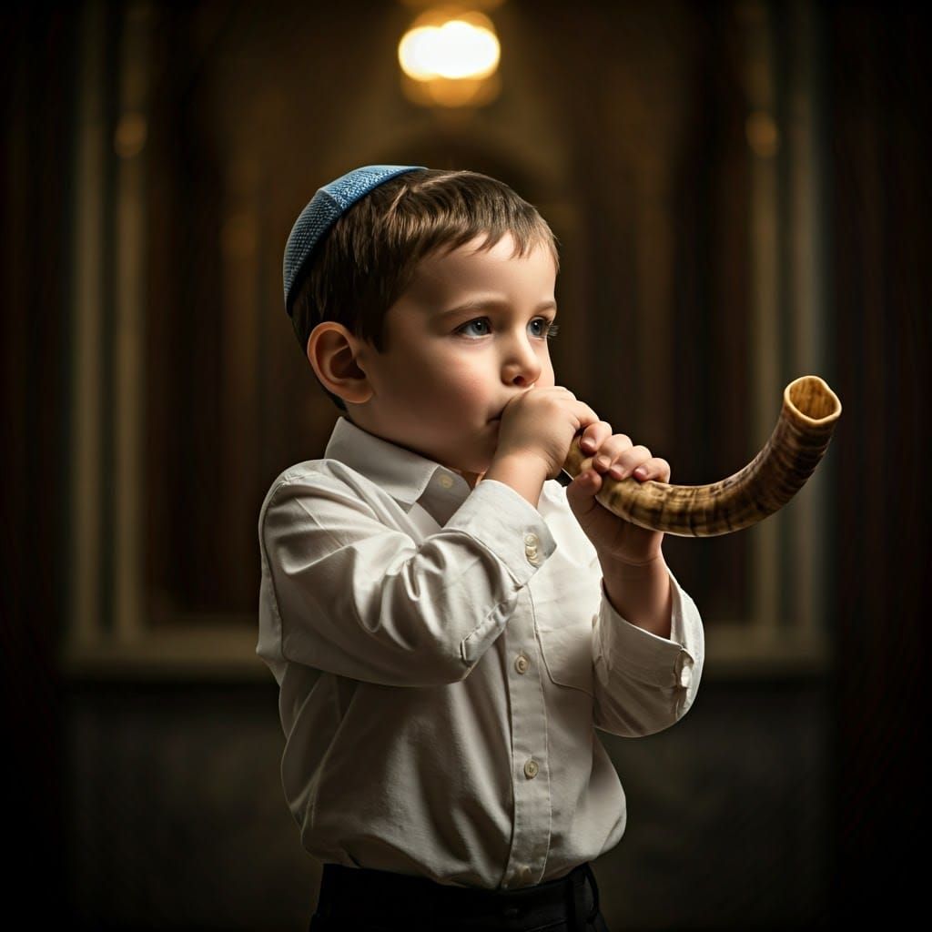 Young Boy Blowing Shofar in Synagogue: Cinematic Film Still