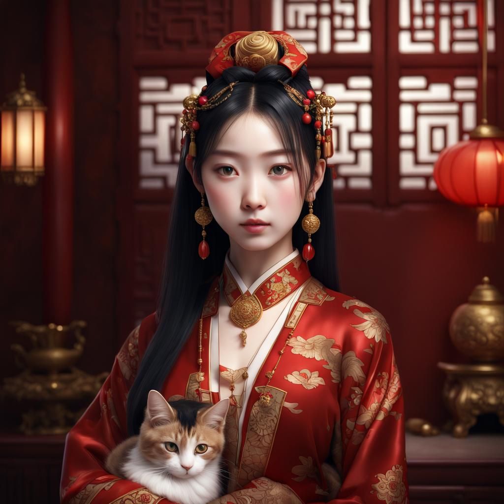 detailed beautiful kawaii Chinese girl adorned in traditiona...