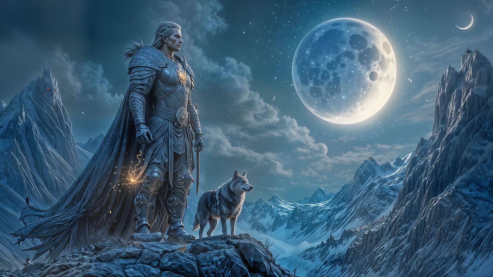 Fantasy Portrait: Warrior with Wolf on Mountain Peak