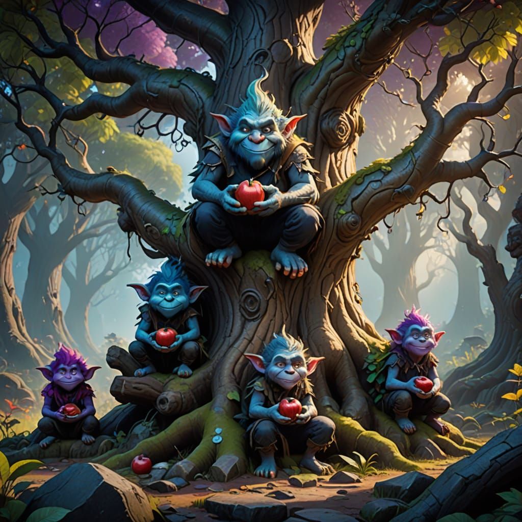 Trolls in a Tree: Fantasy Oil Painting