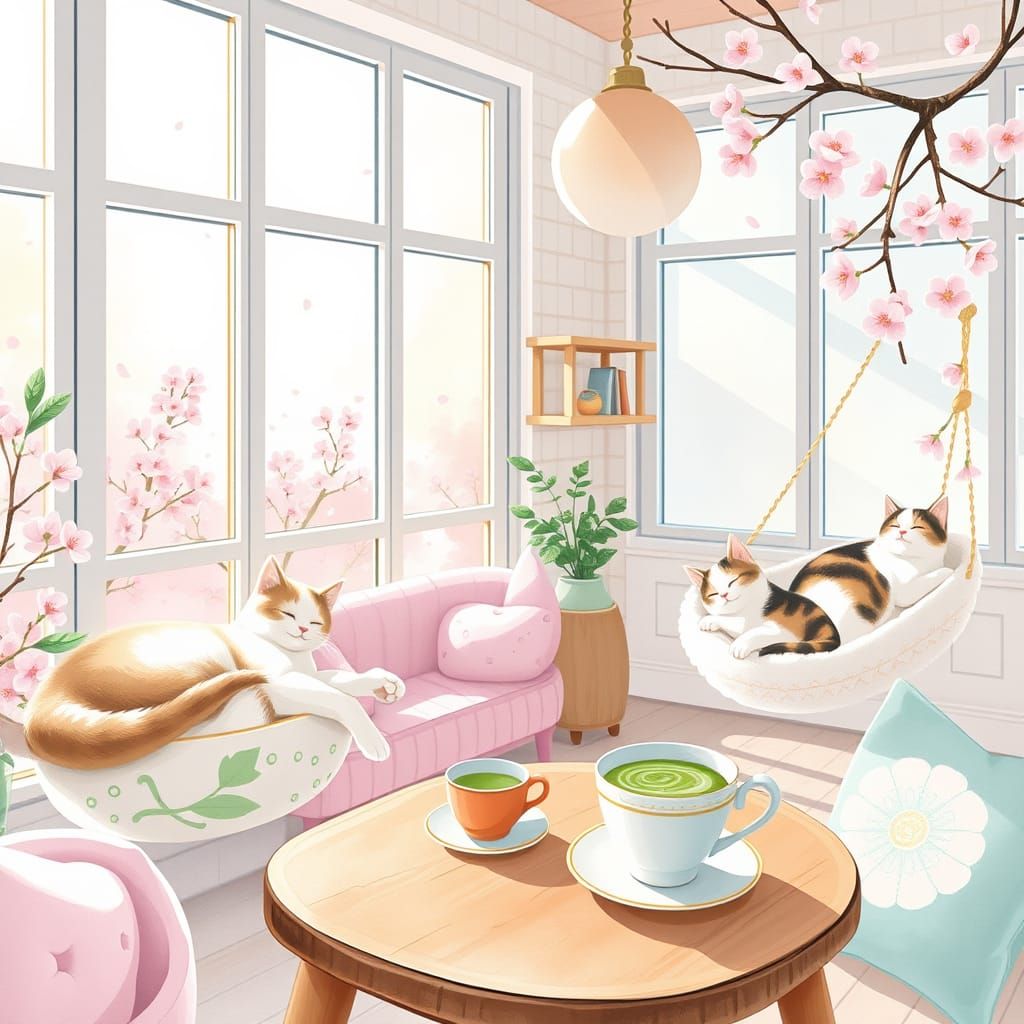Whimsical Cat Café Scene in Pastel Hues