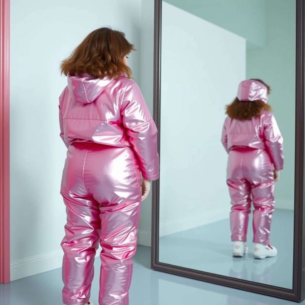 Woman in Pink Snowsuit Reflects in Mirror
