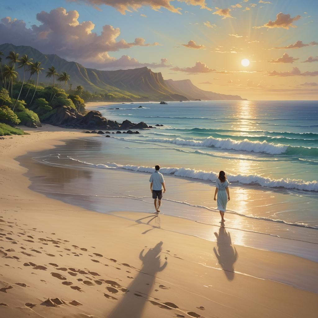 deserted beach in Hawaii with clear sky and sun