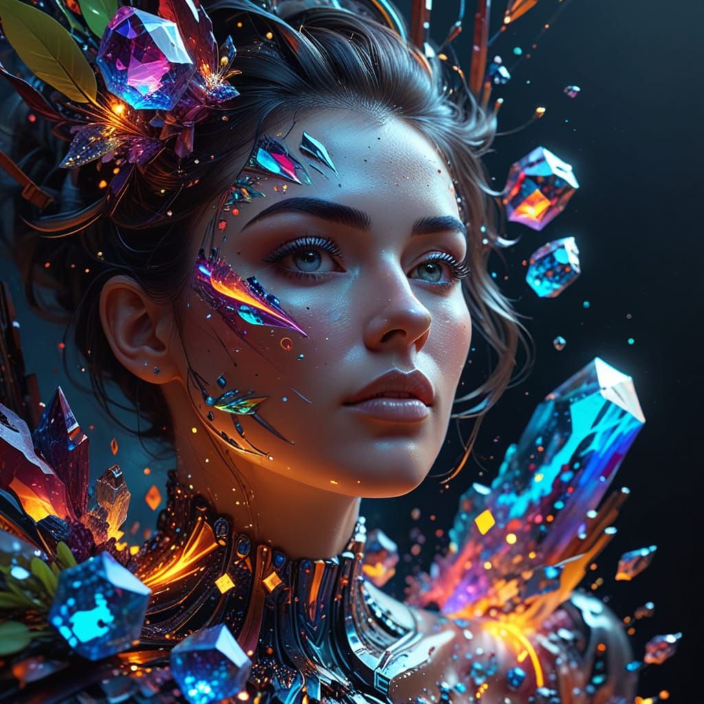 Fractal Woman in Crystalline Cavern: Digital Art