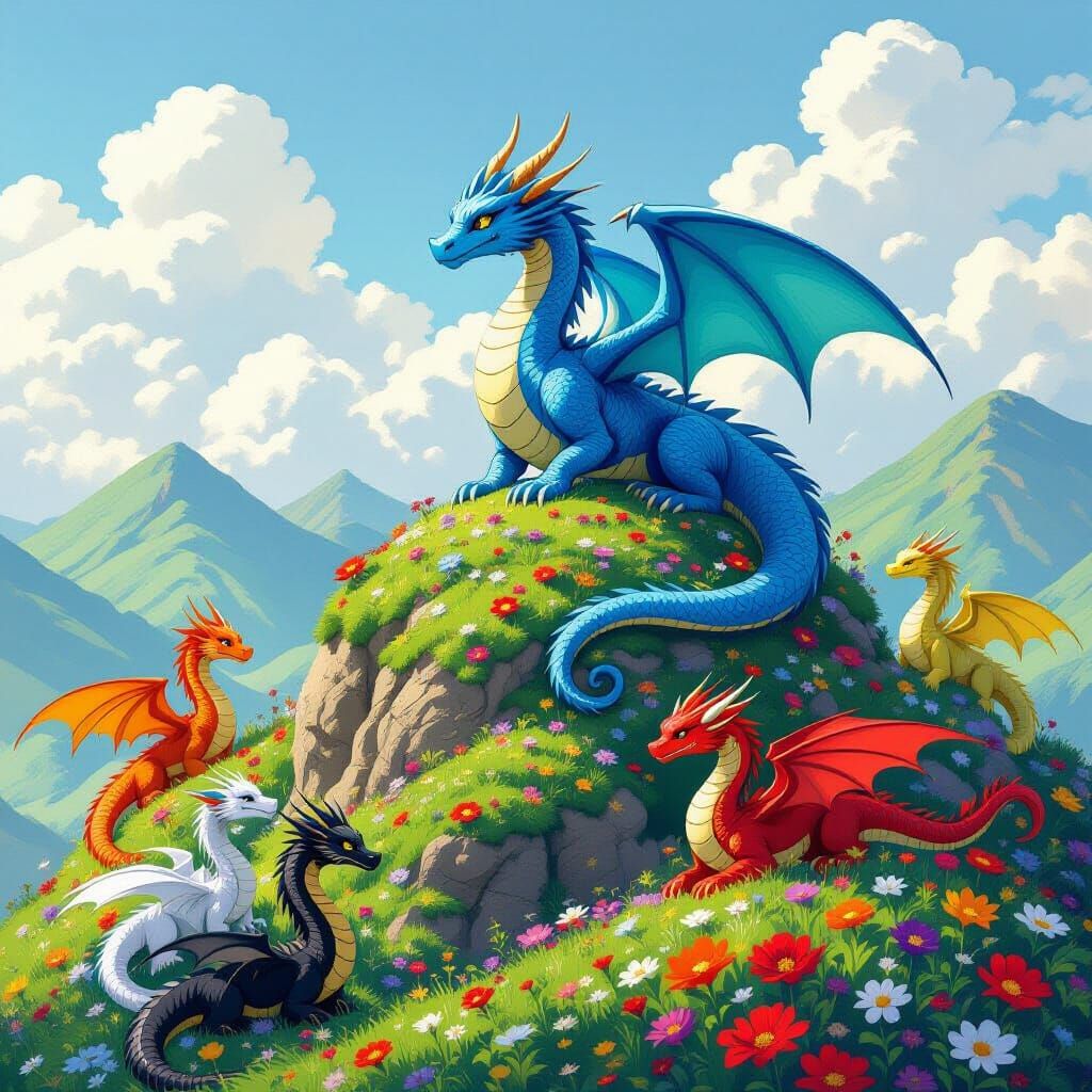 Whimsical Dragon Family on Flower-Dotted Hills