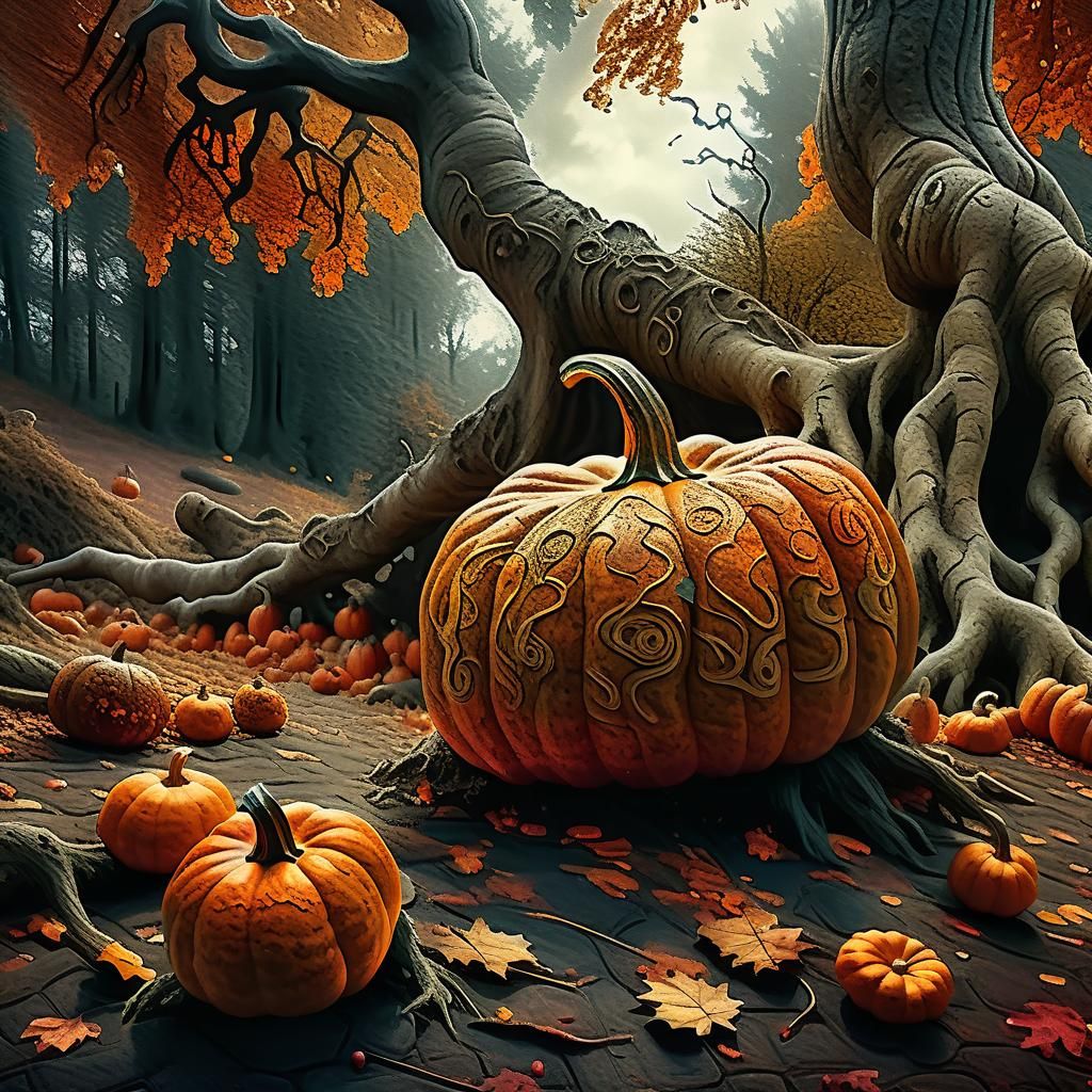 Gnarled Pumpkin in Autumn Forest, Chiaroscuro Style