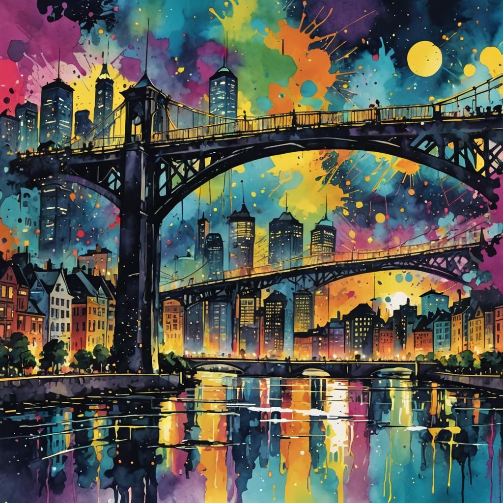 Vivid Ink Splatter Cityscape at Night
