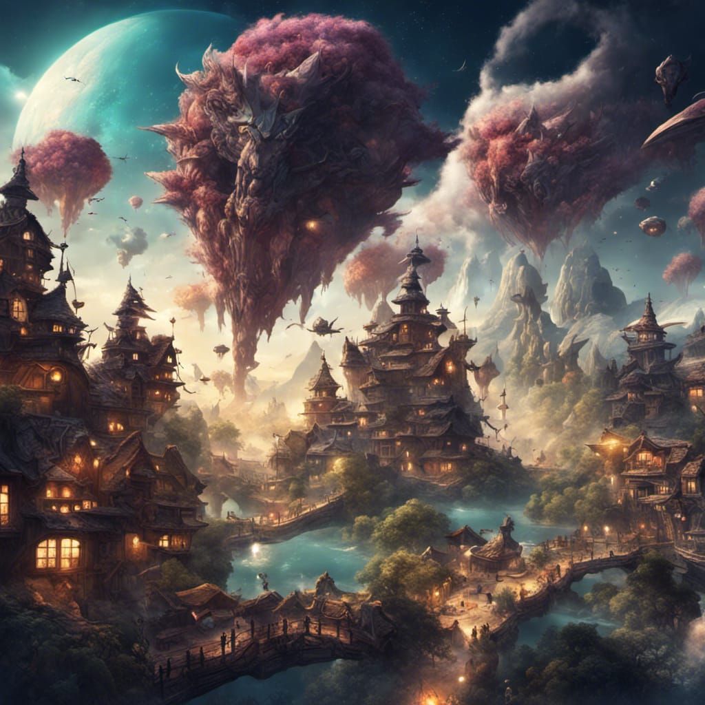 Epic Battle on Floating Islands, Digital Art