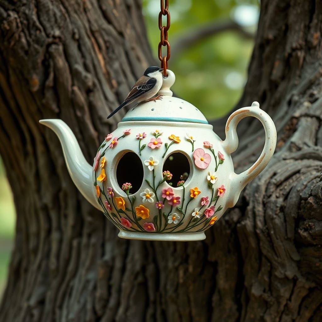 Whimsical Teapot Birdhouse in Painterly Style