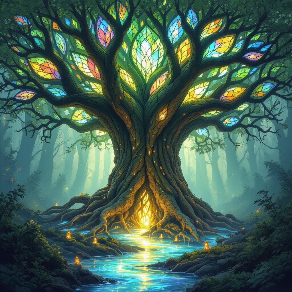 Stained Glass Tree Casts Kaleidoscopic Light, Fantasy Art