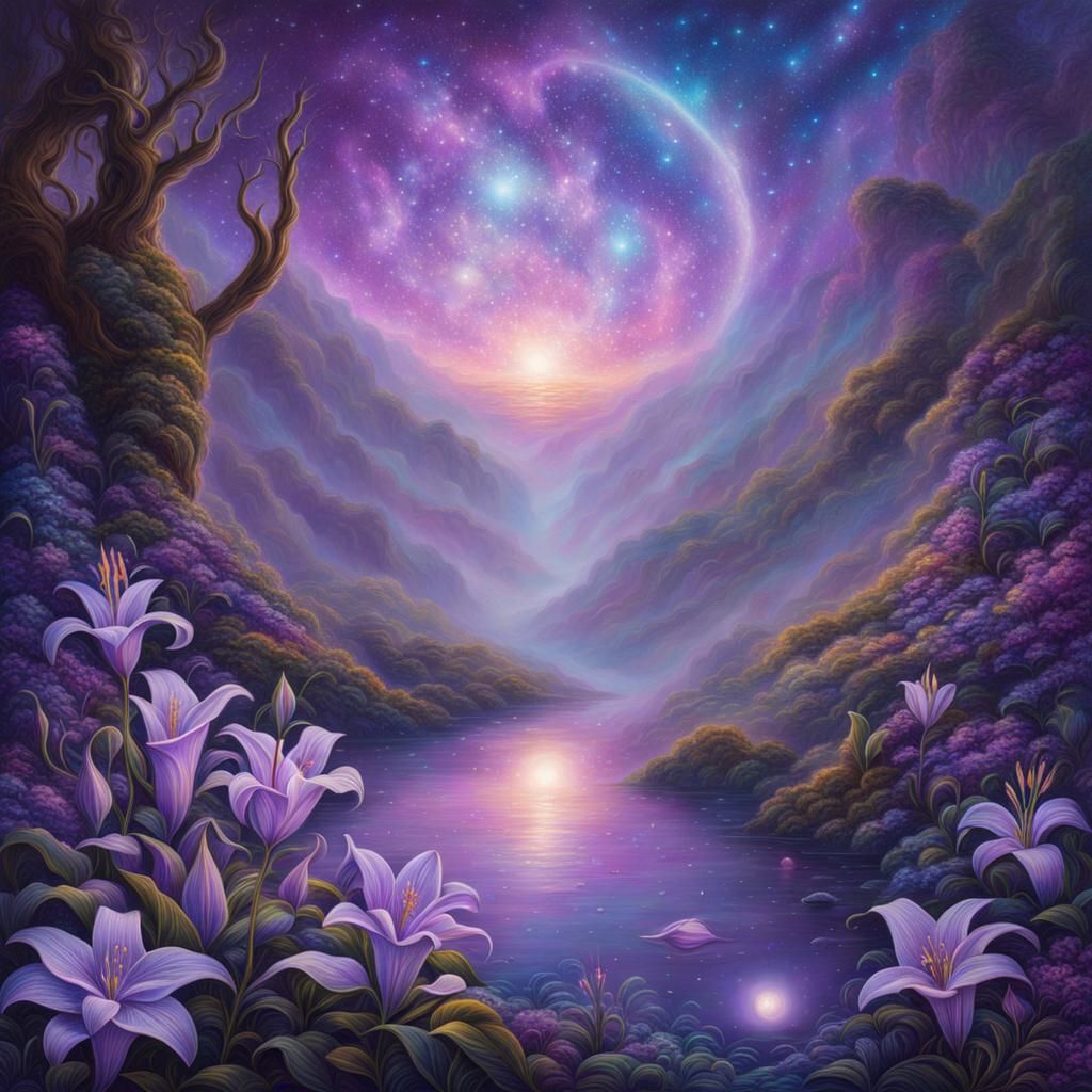 Violet Lily in Astral Mist: Holographic Illustration