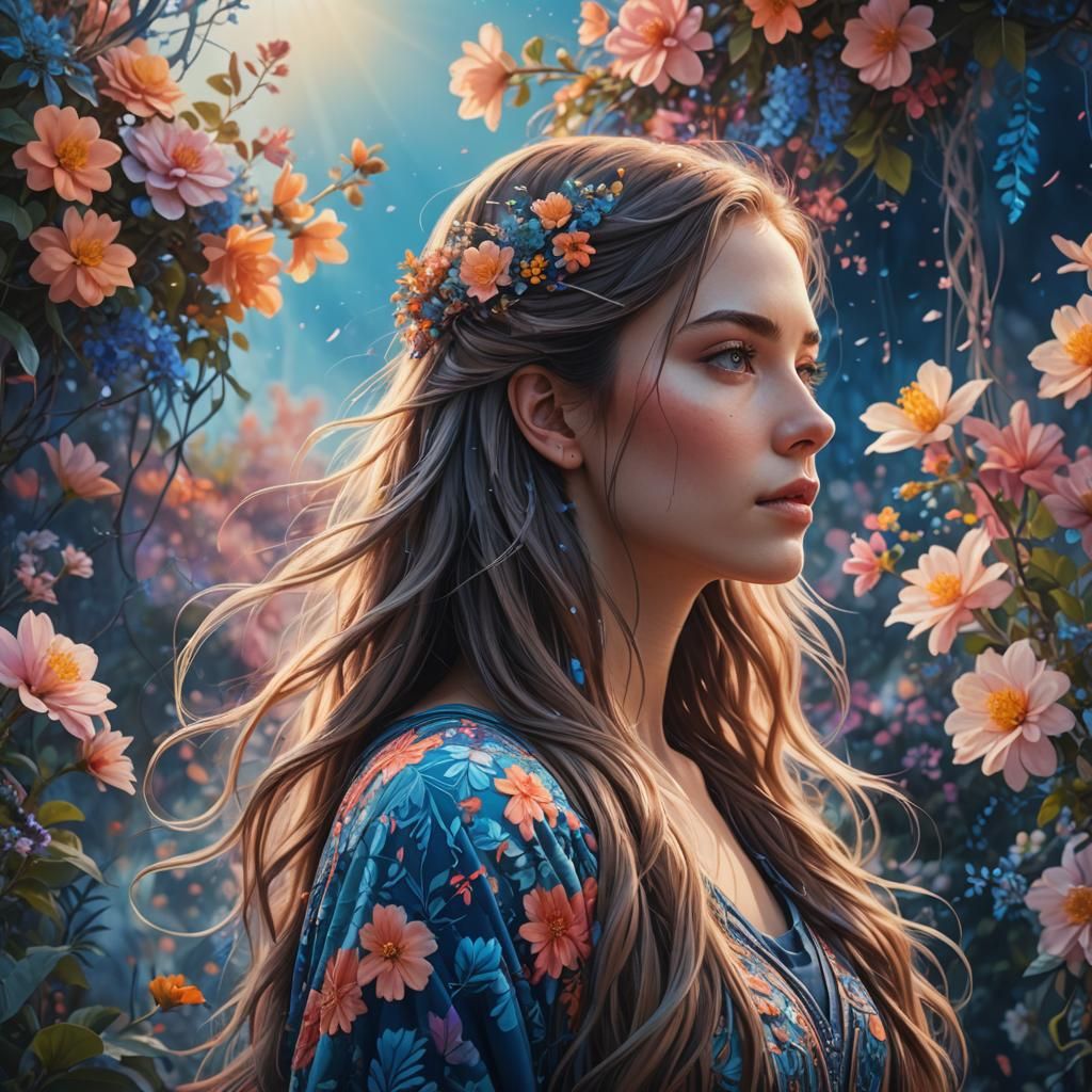 Young Woman with Floral Backdrop in Digital Art