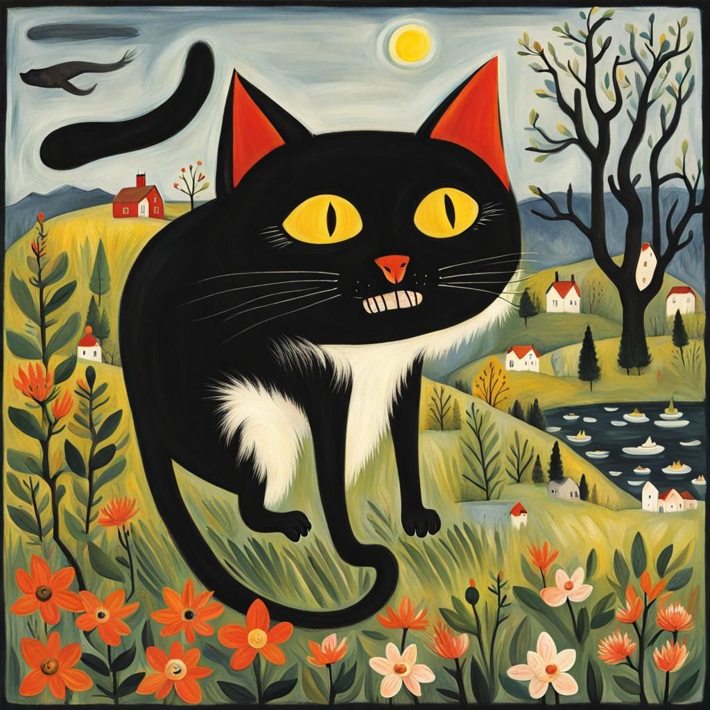 Otherworldly Cat Creature in Naive Folk Art Style