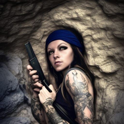 Tattooed Pirate in Cave, Hyperrealistic Image