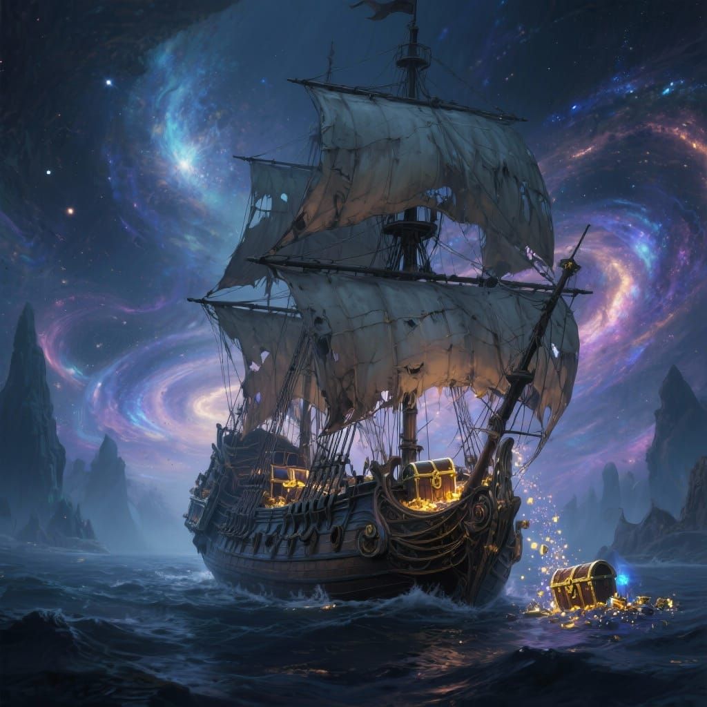 Majestic Ancient Ship Navigating Cosmic Nebula Sea